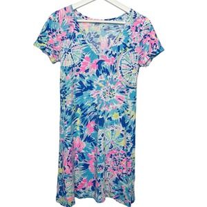 Lilly Pulitzer VNeck Dress Blue Pink Starburst Celestial Print Cotton Size Small